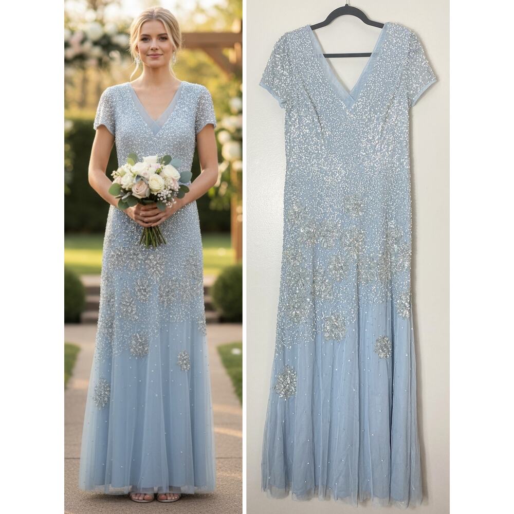 NWT ADRIANNA PAPELL DRESS GOWN BLUE WEDDING GUEST MOTHER OF THE BRIDE SEQUIN